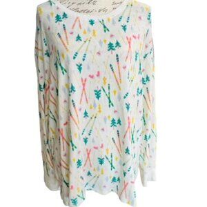 Free Press White Green Blue‎ Ski Skiing Themed Pullover Sweater Size Large SOFT!